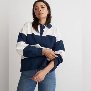 Madewell Navy and Cream Rugby Polo Top